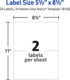 Avery Half-Sheet Printable Shipping Labels, 5.5" x 8.5" Customizable Stickers, White, 20 Blank Mailing Labels, Great for Mailing, Shipping, Organizing, and More (18126) (Pack of 5)