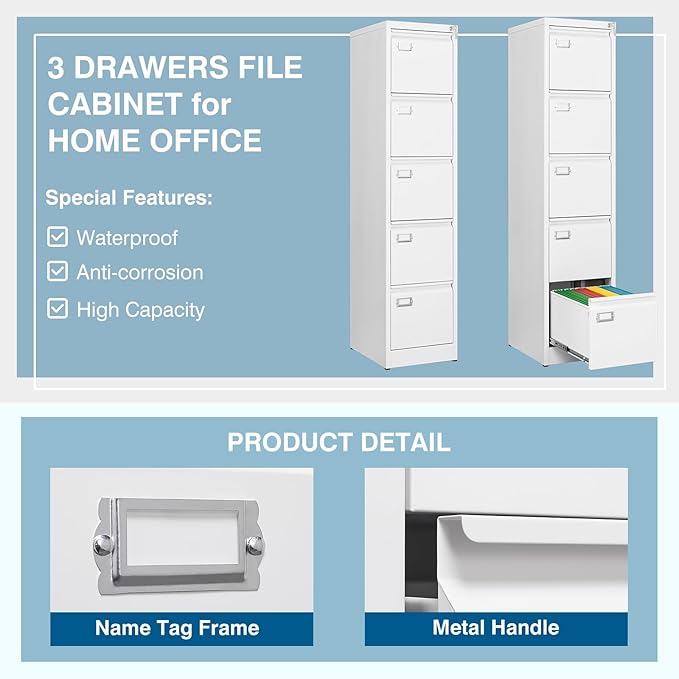 PEUKC 5-Drawer File Cabinet, 16.3" Deep Vertical Metal Filing Cabinet - Image 5