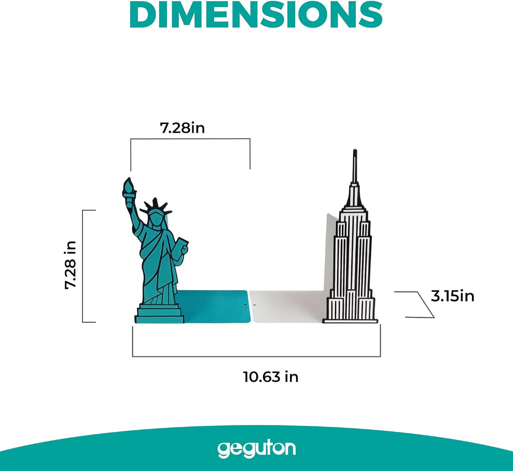 NYC Bookends with Statue of Liberty and Empire State Building Design - Steel with Epoxy Coating - Decorative Pair of Book Holders for Shelves, Desk, and Office - Geguton