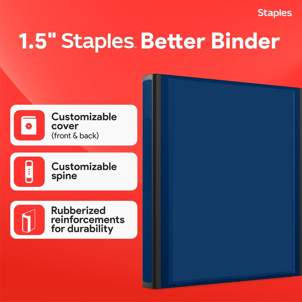 Staples Better View 1.5-Inch D-Ring Binder, Blue, Clear Overlay | Durable 3-ring binder for school and office document organization.