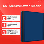 Staples Better View 1.5-Inch D-Ring Binder, Blue, Clear Overlay | Durable 3-ring binder for school and office document organization.
