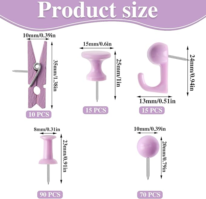 200 Pieces Push Pins Set, 5 Types Purple Thumb Tacks Cute Decorative Push Pins - Image 2
