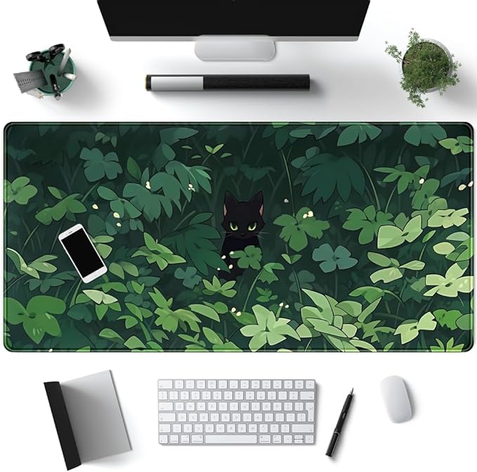 Black Cat Anime Desk Gaming Mat, XL Green & Large, 31.5x15.8in, by Mechanical+Cattle