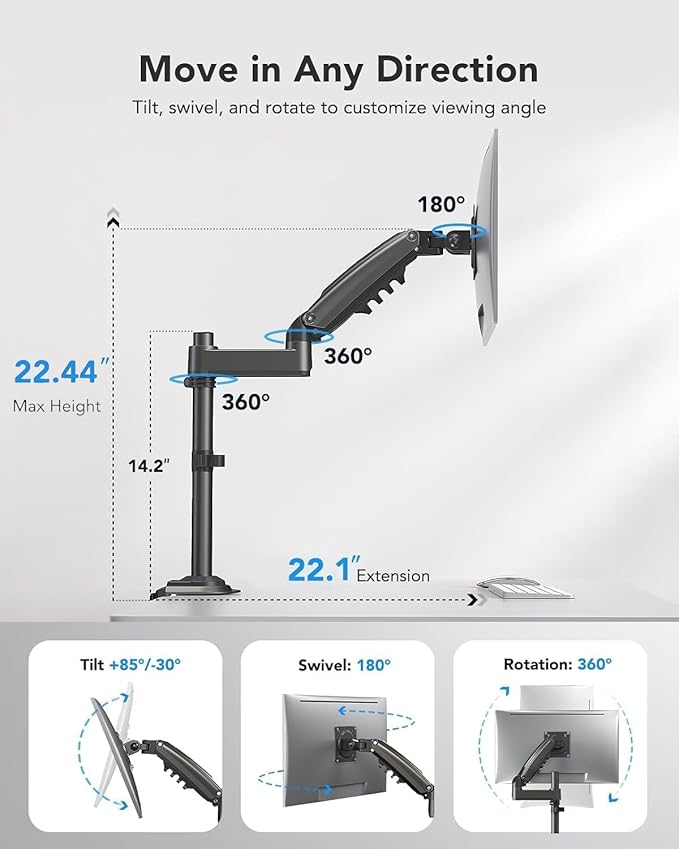 HUANUO Single Monitor Arm, Adjustable Desk Mount - Image 5