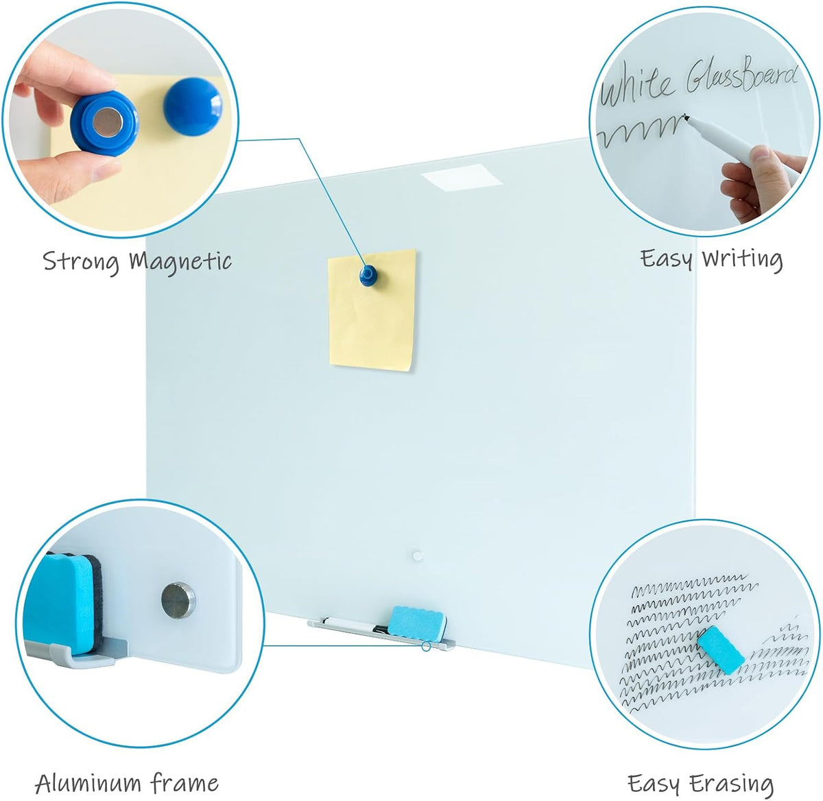 Magnetic Glass Dry Erase Board, 48 x 36 Inch, Frameless Wall Mount