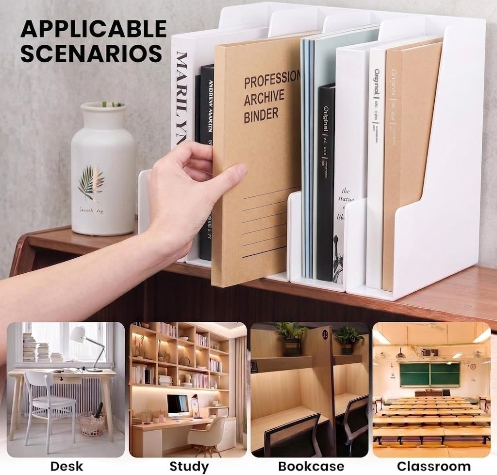 LALOBLUE White Vertical File Organizer, 4 Section Magazine Holder for Desk, D...