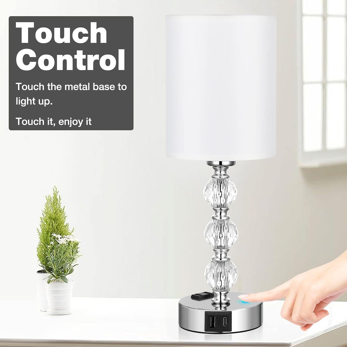 Crystal Touch Lamps for Nightstand, 3 Way Dimmable with Charging Station