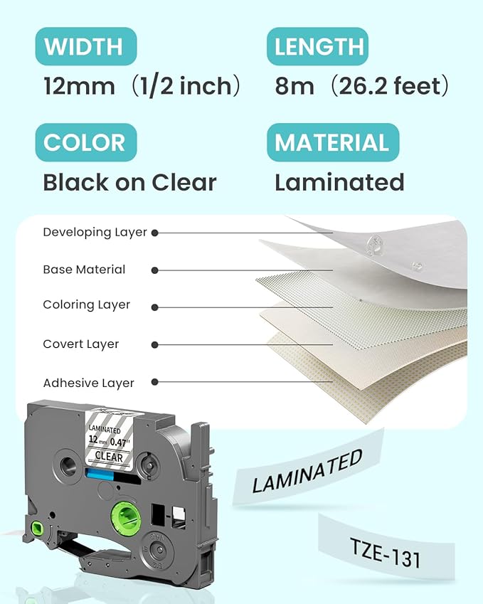 6-Pack Label Maker Tape 12mm 0.47" Clear TZe-131 Replacement - Image 3