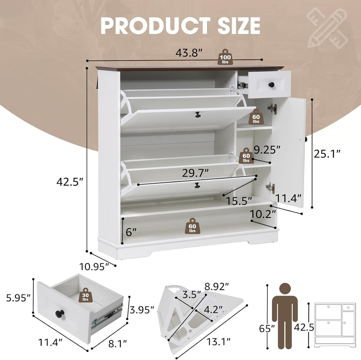 Patiorama Shoe Cabinet with 2 Flip Drawers, Side Cabinet, White