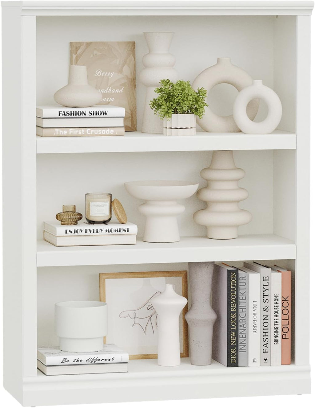 blini 3-Shelf Bookcase White Wooden Bookshelves 33in Wide Floor Standing