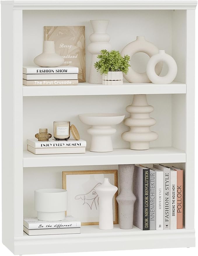 blini 3-Shelf Bookcase White Wooden Bookshelves 33in Wide Floor Standing by blini
