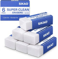 White Erasers, 6 Pack Block Pencil Erasers – Smudge-Free Latex-Free, Erasers by Sikao