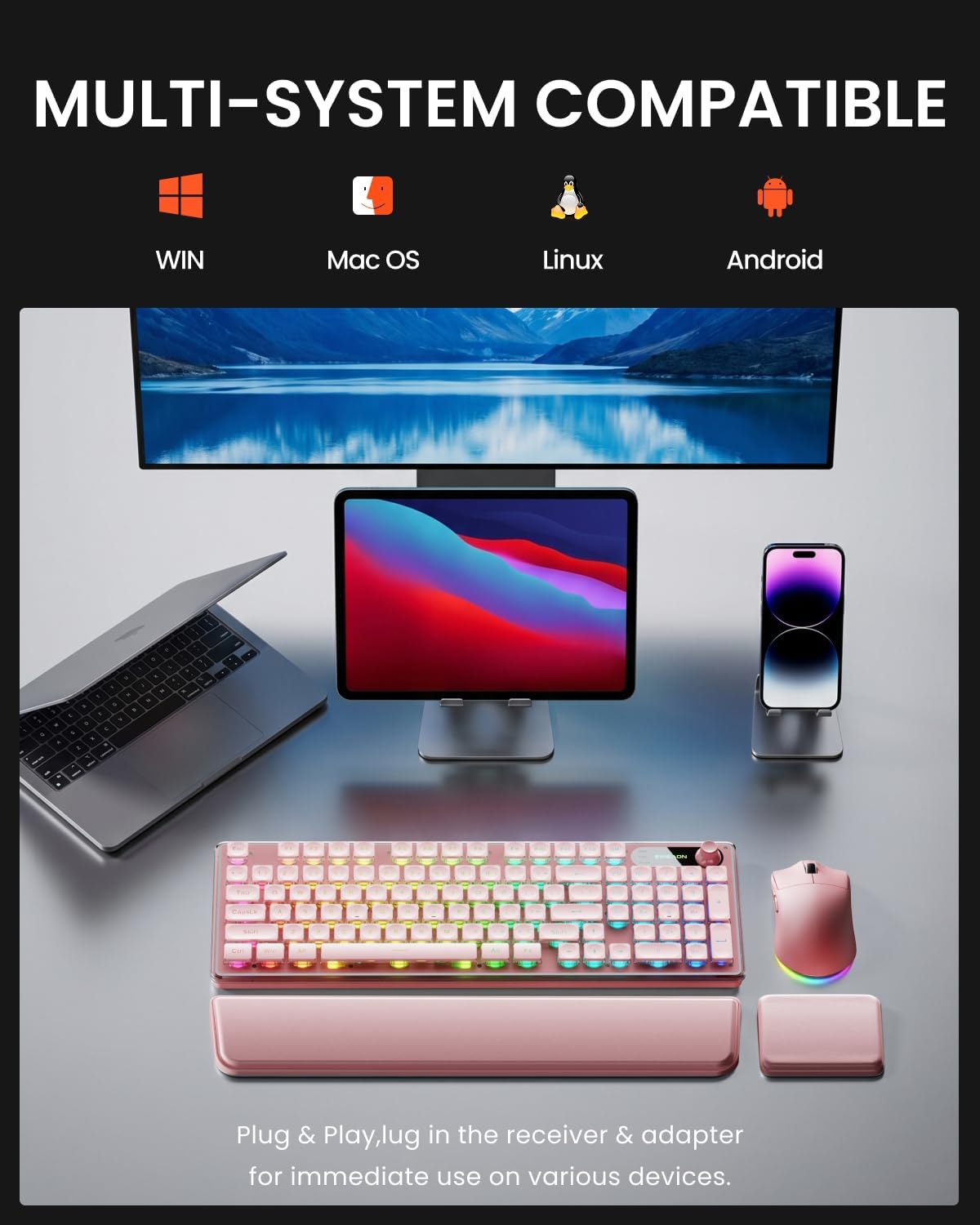 EWEADN V98 Wireless Keyboard and Mouse Combo with Dual Wrist Rest, Pink