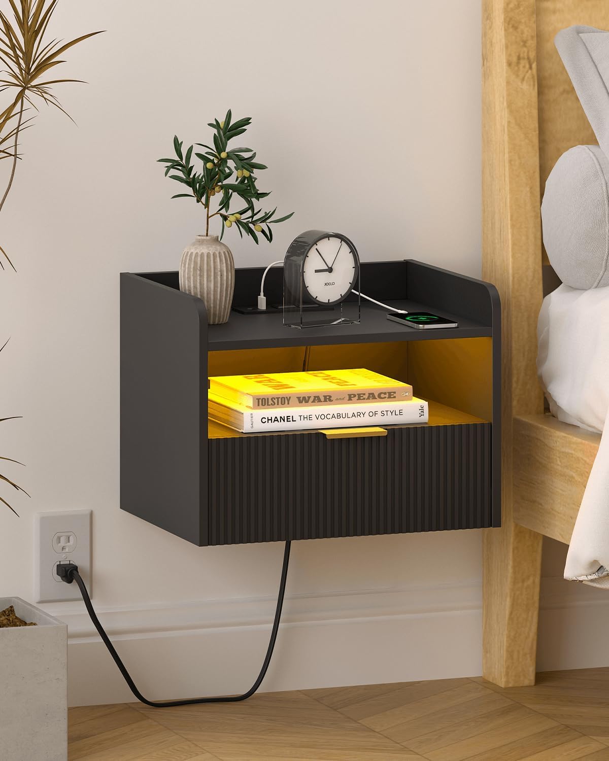 Veegle White Floating Nightstand with Charging Station and LED Lights (Black)