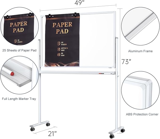 Mobile Clear Glass Whiteboard, 48 x 32 Inches Standing White Board on Wheels - Image 6