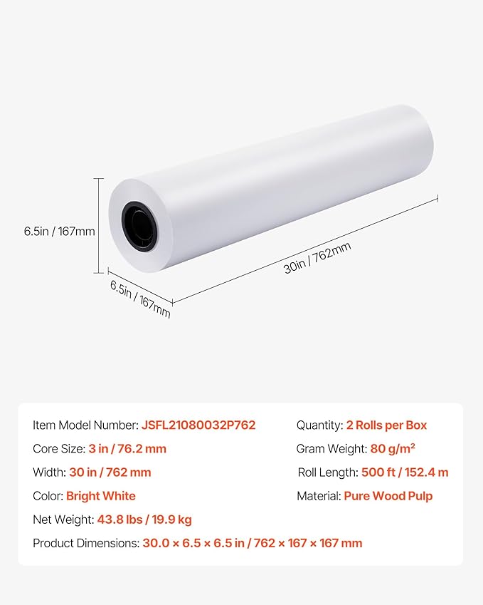 VEVOR Wide Format Paper, 30 in x 500 ft Plotter Roll, 2 Rolls CAD Bond Rolls - Image 7
