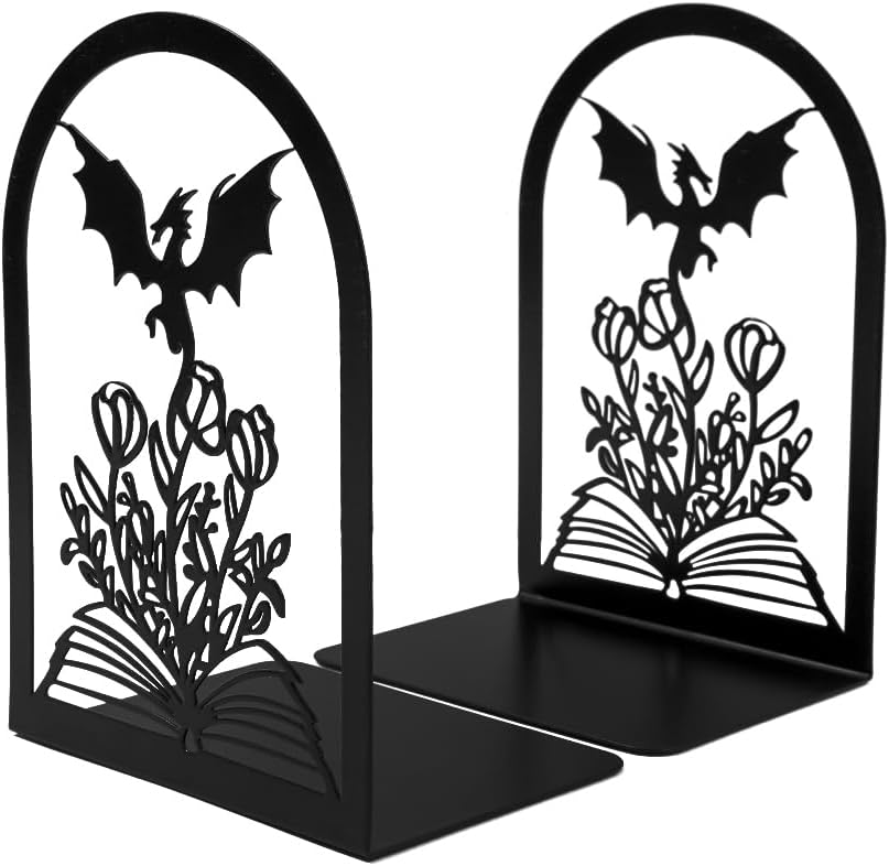 Dragon Book Ends, Heavy Duty Metal Bookends for Shelves | Non Skid Metal Book Divider Decorative Holder, Abstract Art Desgin Book Stopper Supports for Office, Home