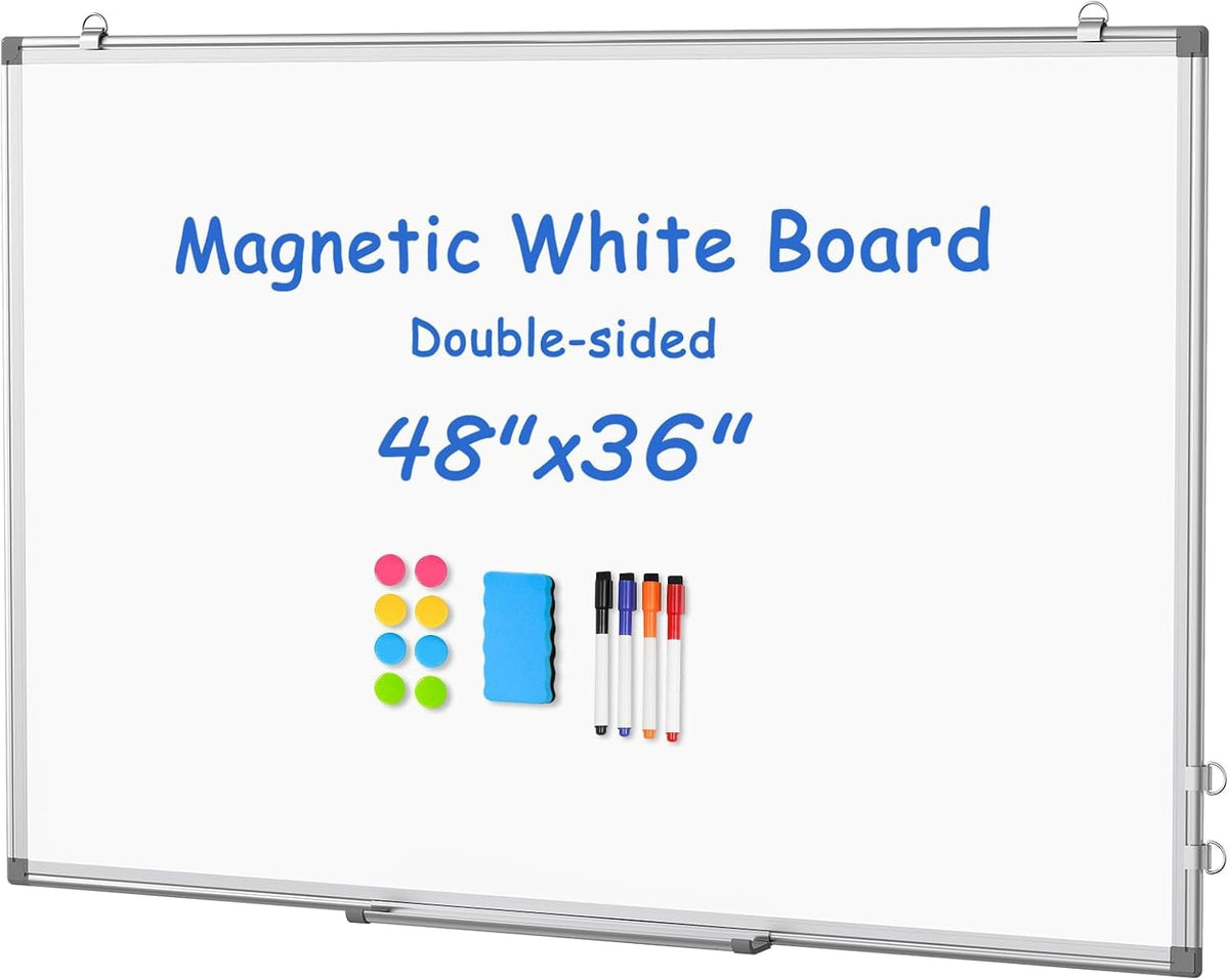 WALGLASS Large White Board 48x36 Double-Sided Dry Erase Magnetic for Wall