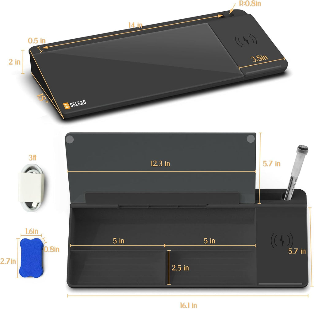 selead desktop glass whiteboard with wireless charger and on a desk or shelf