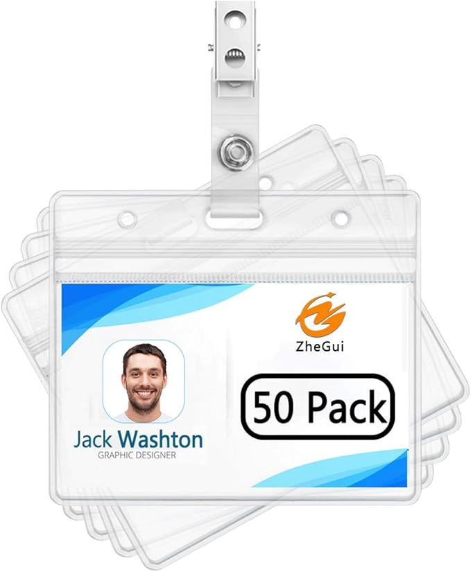 ZHEGUI ID Badge Holder with Clip Clear Plastic Name Tag Holders Horizontal by ZheguiProfessionalSupplierofOfficeSolutions