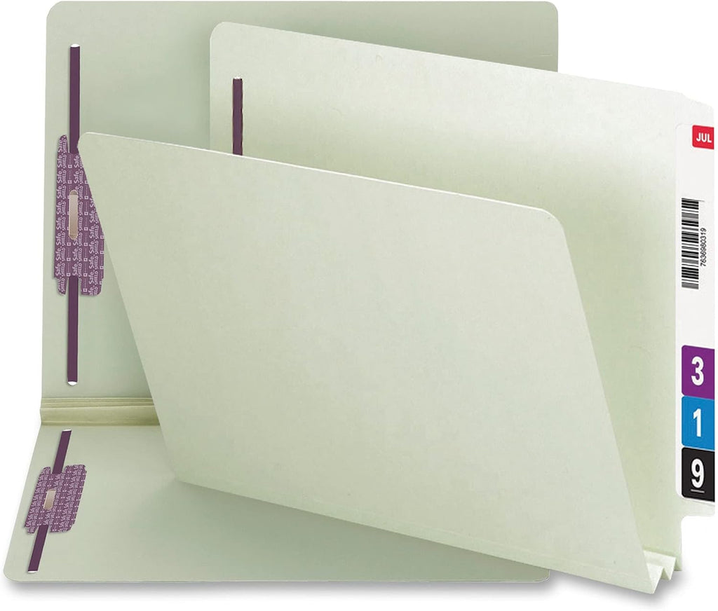 Smead End Tab Pressboard Fastener File Folder with SafeSHIELD, 2 Fasteners, 2" Expansion, Letter Size, Gray, Green, 25 Count, 34715