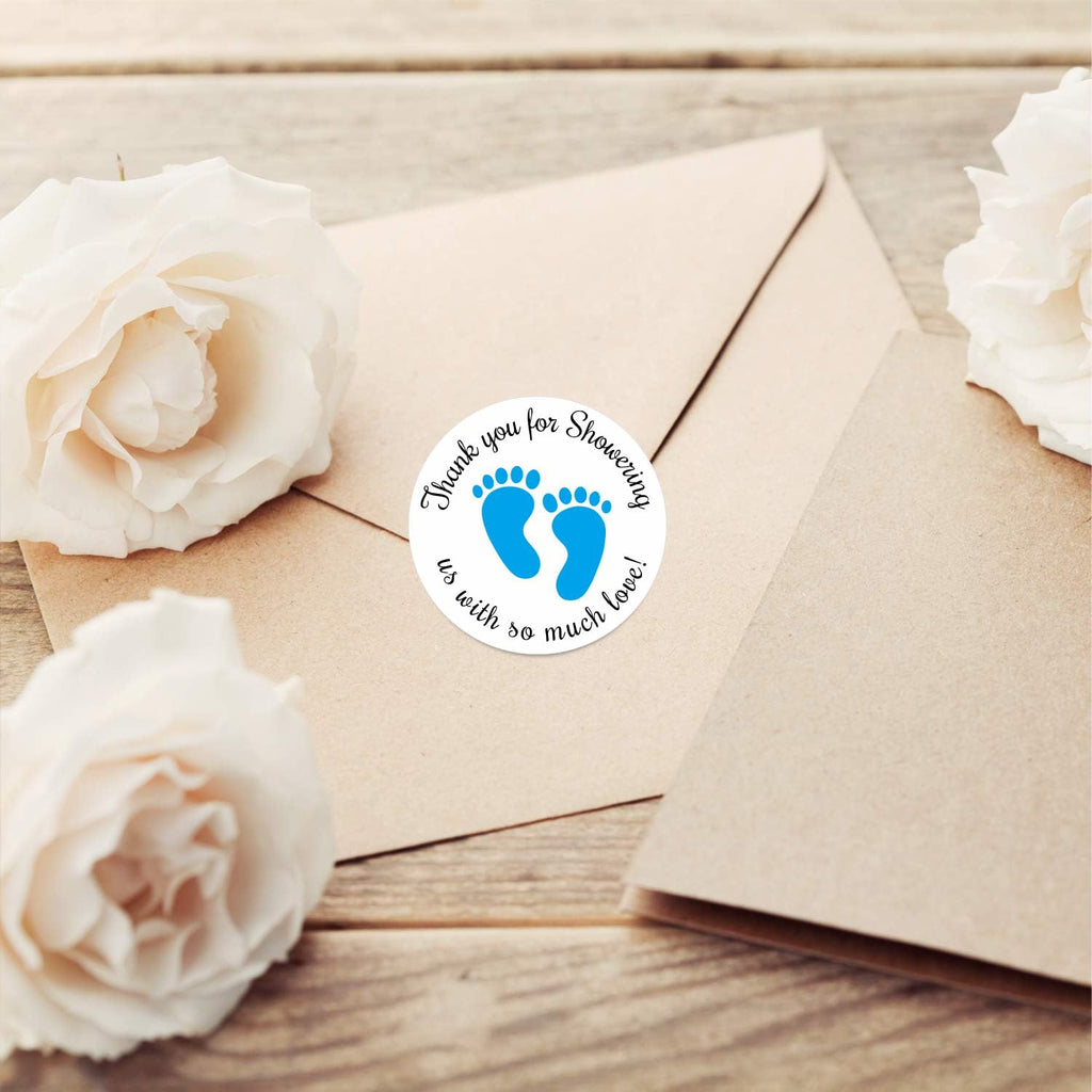 Hybsk 1.5 Inch Round Baby Shower Stickers, Thank You for Showering Us with So Much Love Blue Foot Print Total 500 Labels Per Roll (Blue Footprint)