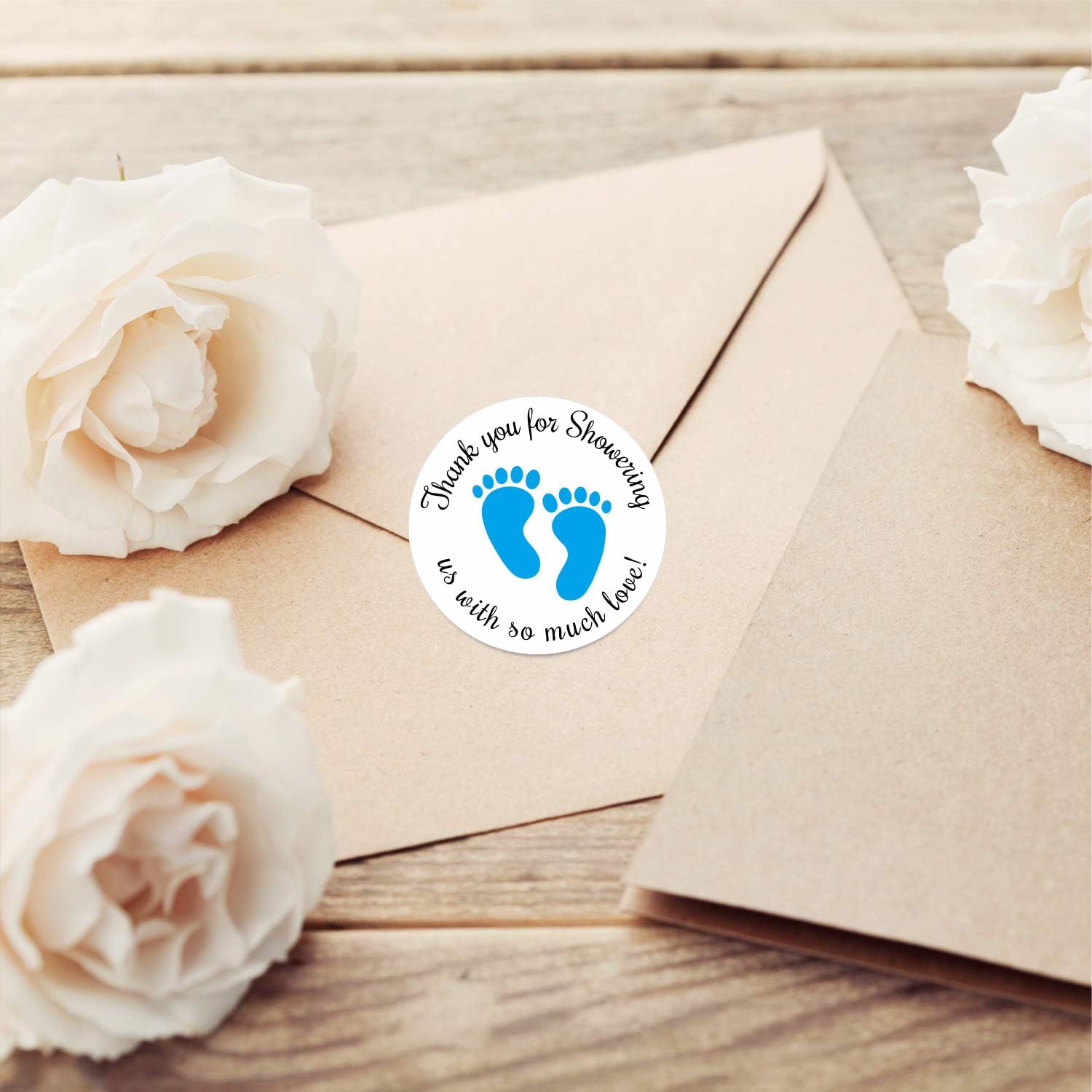 Hybsk 1.5 Inch Round Baby Shower Stickers, Thank You for Showering Us with So Much Love Blue Foot Print Total 500 Labels Per Roll (Blue Footprint)