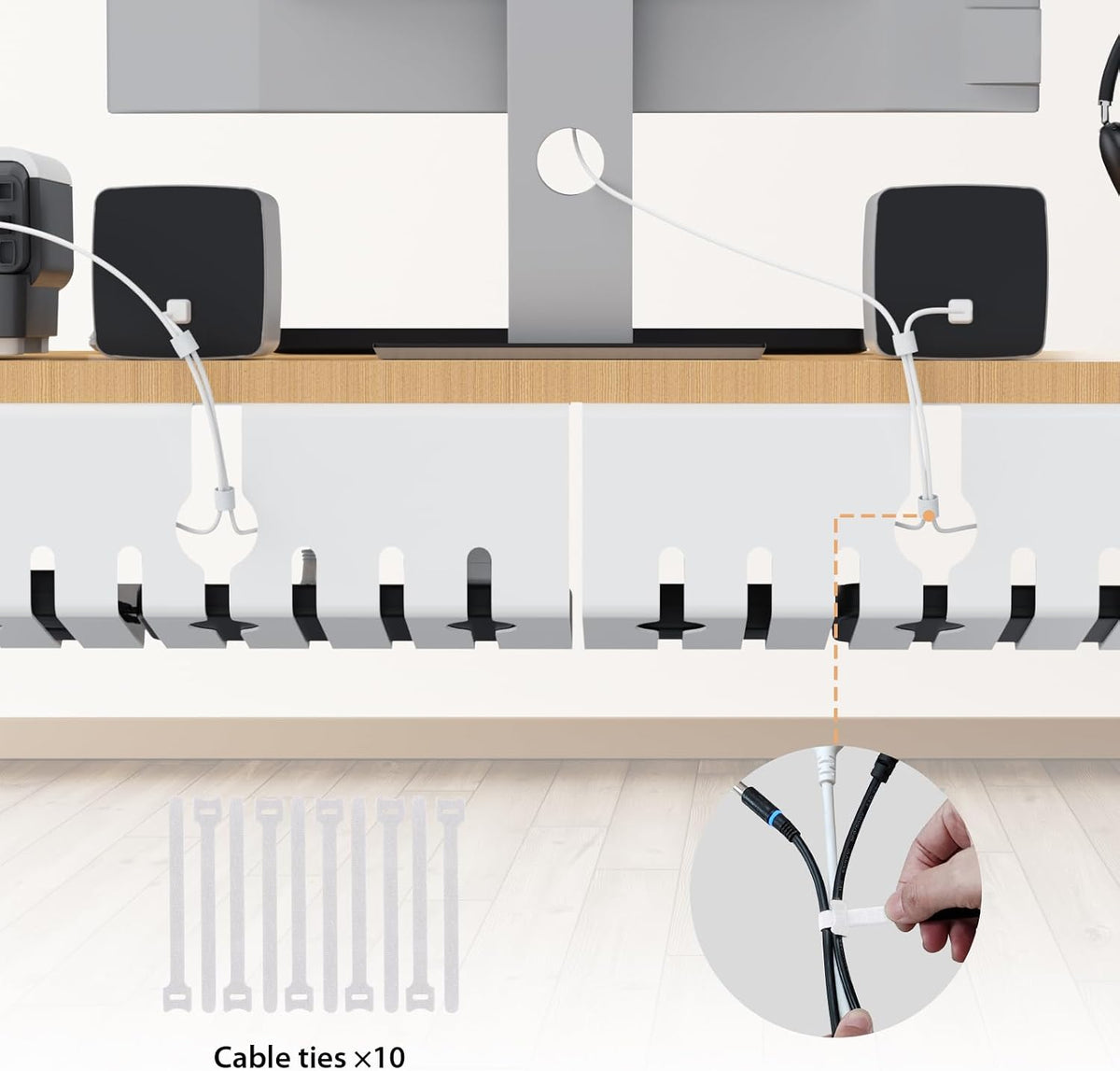 Syeeiex Under Desk Cable Management, Cord Organizer, White, 17inch, 2 Set