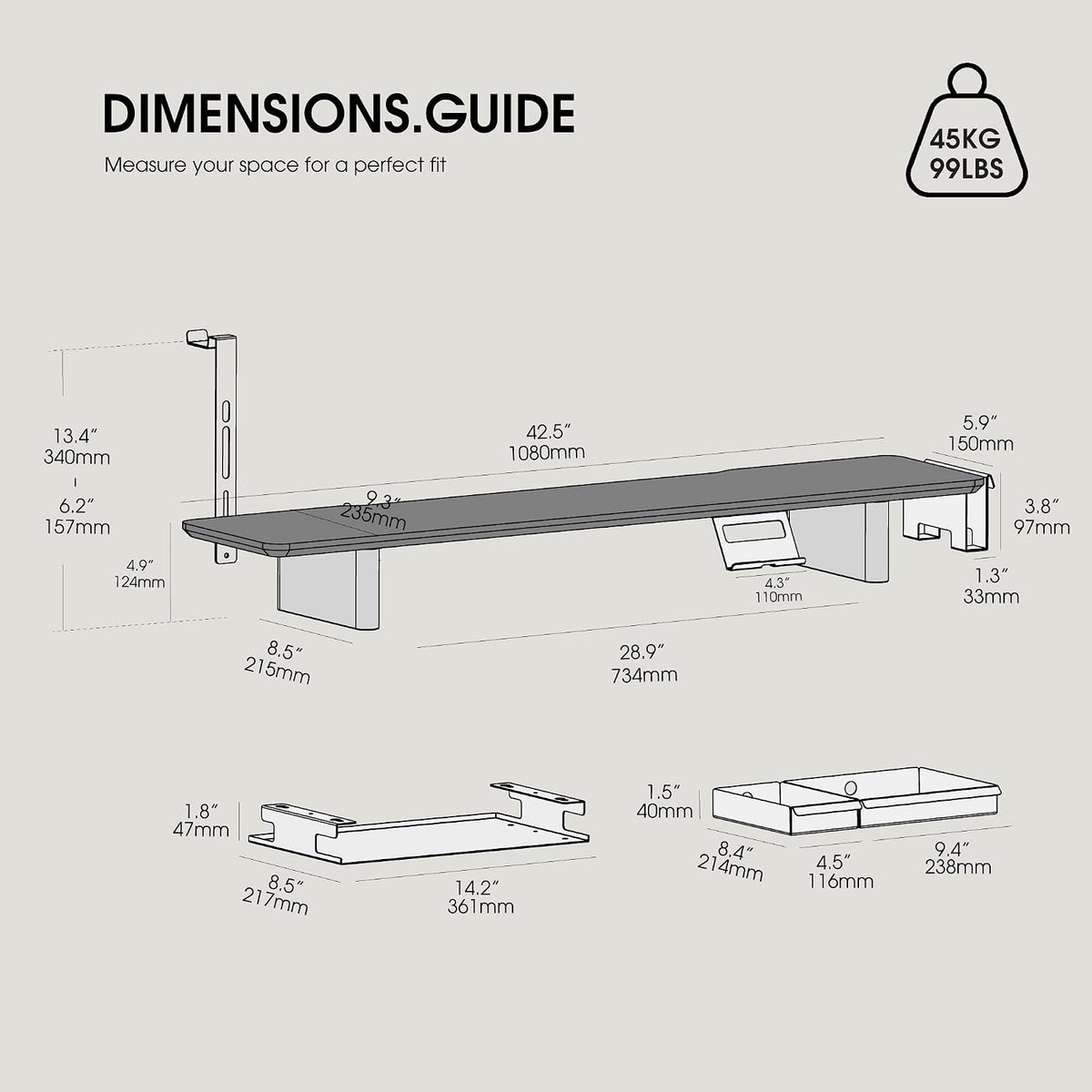 Fenge Modular Dual Monitor Stand Riser with Solid Ash Wood Leg, 42.5" White