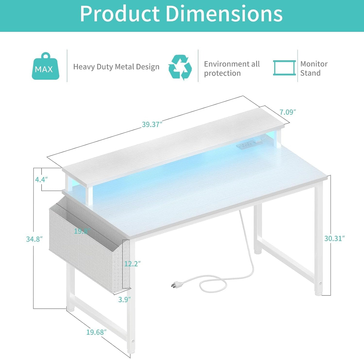Lufeiya White Computer Desk with LED Lights and Power Outlets, 40 Inch Home O...