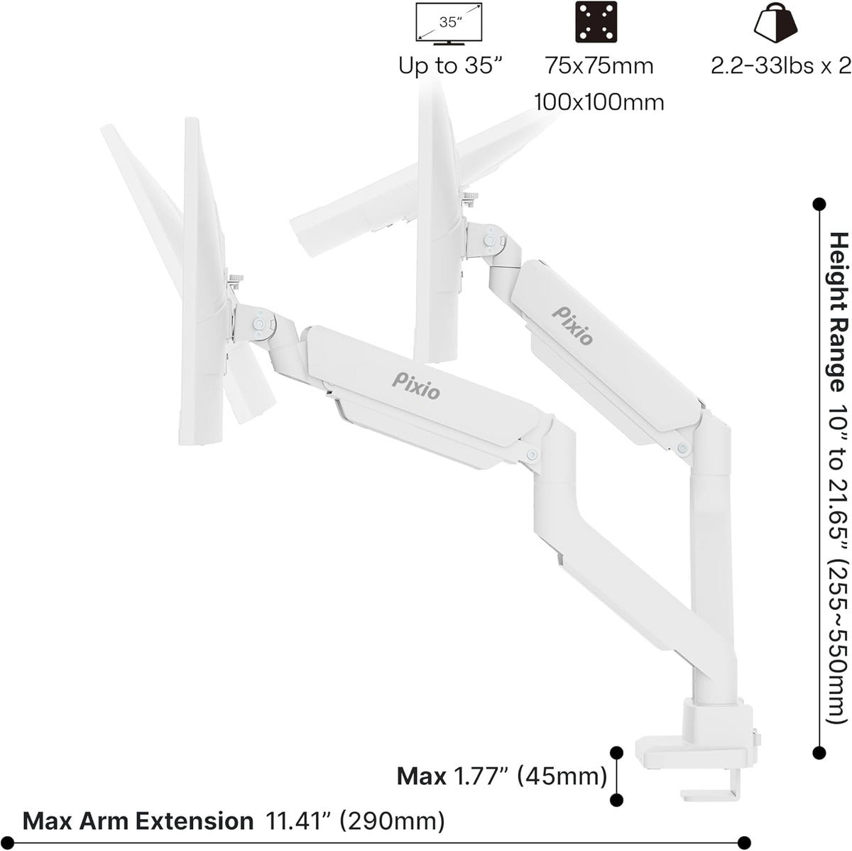 Pixio PS2D White Ultrawide Heavy-Duty Premium Dual Monitor Arm Stand Desk Mou...