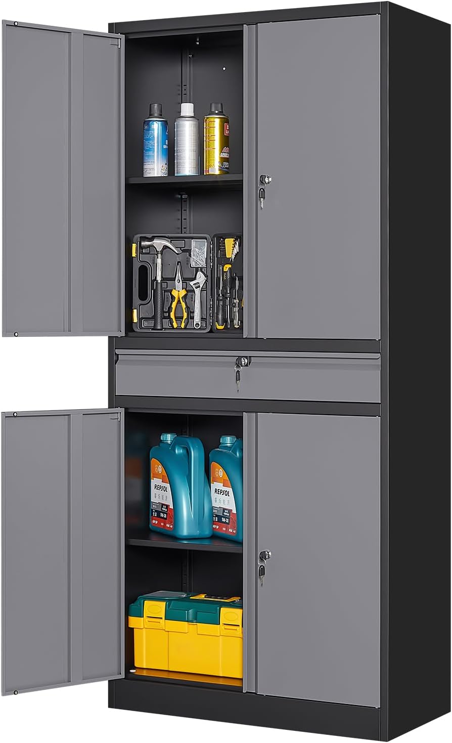 yizosh metal garage storage cabinet with locking doors shown in use
