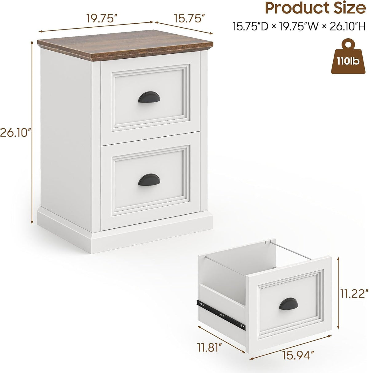 Halitaa Vertical File Cabinet with 2 Drawers for Home Office, White