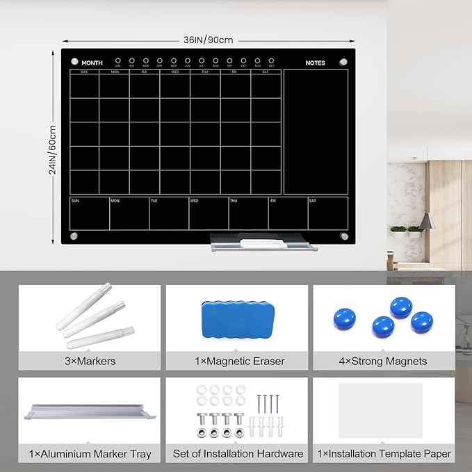 JYYPWB Magnetic Glass Whiteboard 36X24 Monthly Planner Calendar Dry Erase Board - Image 2