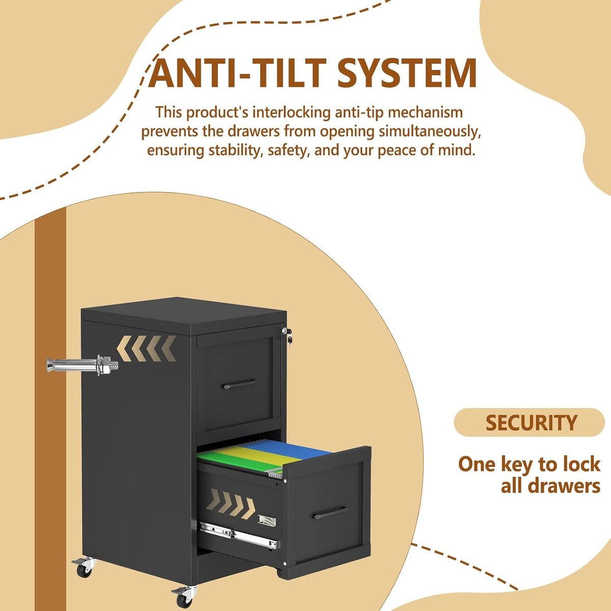 2 drawer rolling metal file cabinet with lock,narrow, front angle view