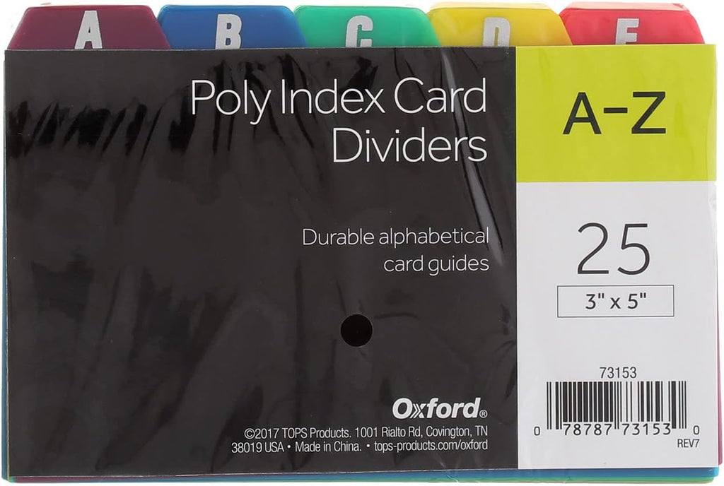 Oxford Poly Index Card Guide Set, 3 x 5 Inches, A-Z, 1/5 Inch Cut Tabs, Assorted Colors, 25 per Set, Sold as 4 Pack (73153)