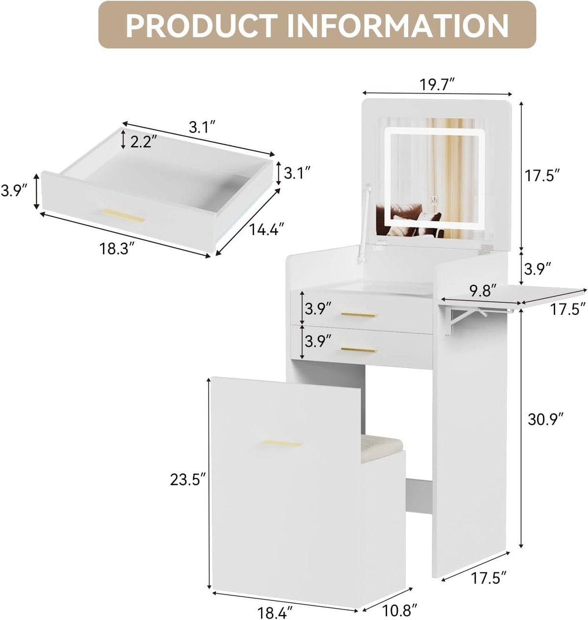 ARTETHYS Small White Makeup Vanity Desk with Flip-top Mirror for Bedroom