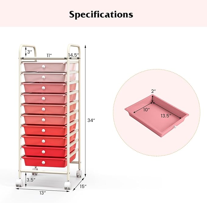 Giantex 10-Drawer Storage Cart w/Universal Wheel, Rolling Cart w/Handle - Image 3