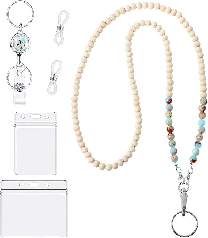 Teacher Lanyard with ID Holder Cute Wooden Beaded Lanyards by BESARME
