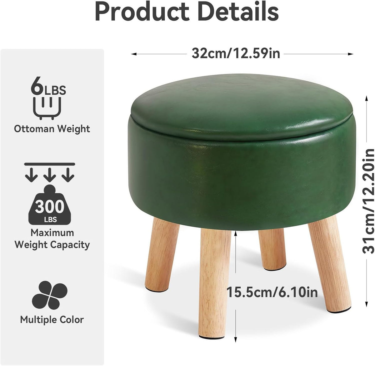 IBUYKE Small Foot Stool Ottoman with Storage, Round, Dark-Green WBD023GR