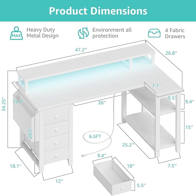 Lufeiya L Shaped Desk with Led Lights and Power Outlets, 47 Inch Writing Study - Image 3