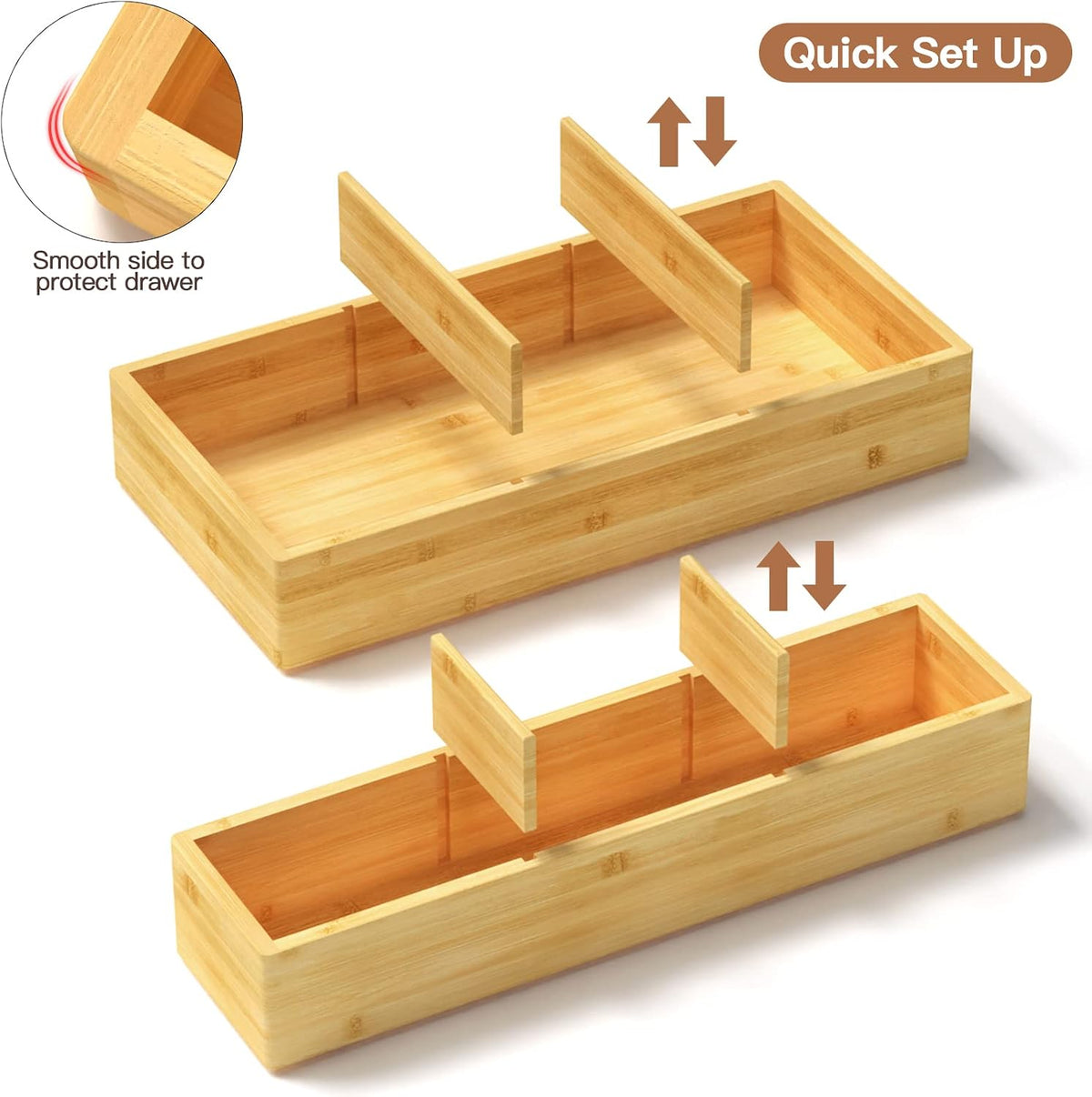 DUJEN 5 pieces Bamboo Drawer Organizer, Adjustable 3 Individual Junk Drawer o...