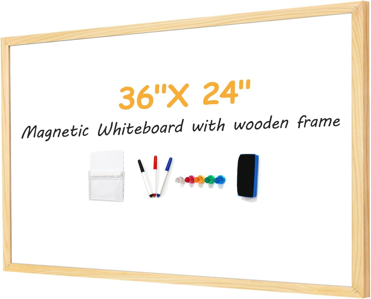 Magnetic Whiteboard 36"x24" Decorative Wood Frame Wall-Mounted