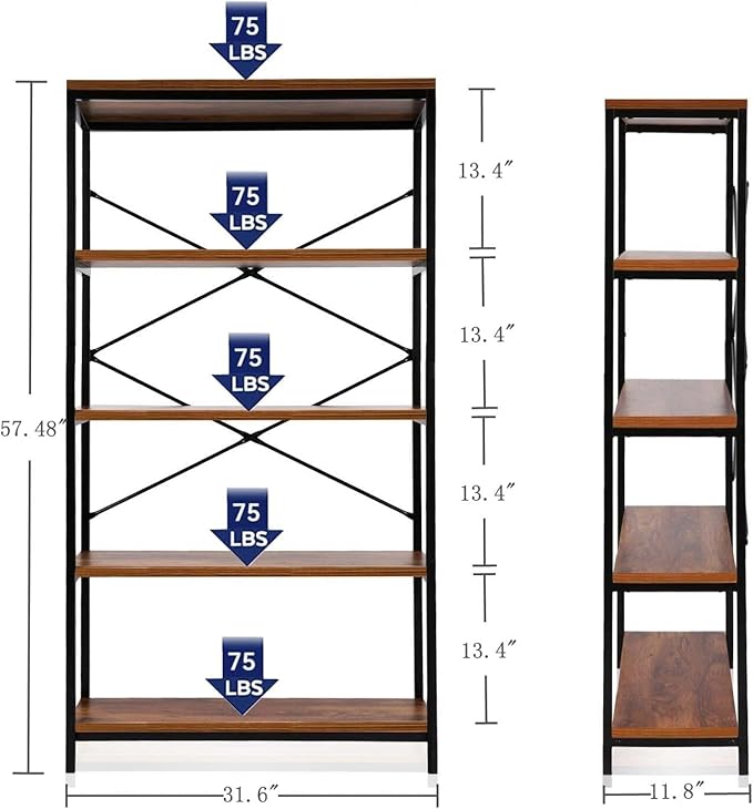 Himimi Industrial Bookshelf 5-Tier Set of 2, Bookcase 58" H Ladder Shelf - Image 3