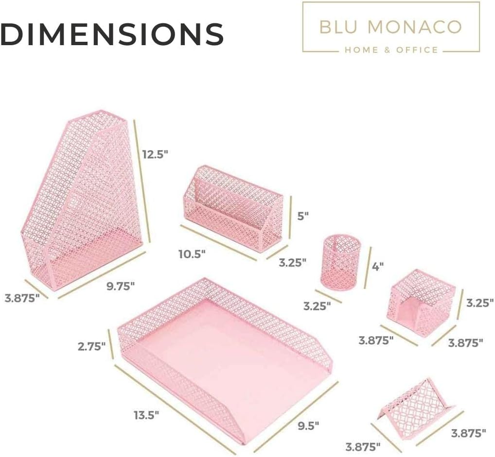 BLU MONACO Pink Desk Organizer Set | 6-Piece Metal Desktop Accessories | Mail...