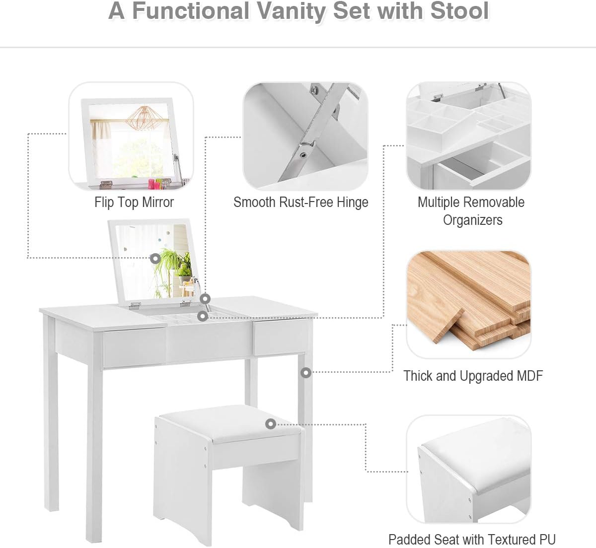 GIANTEX Vanity Set with Flip Top Mirror and Cushioned Stool, Makeup Dressing ...