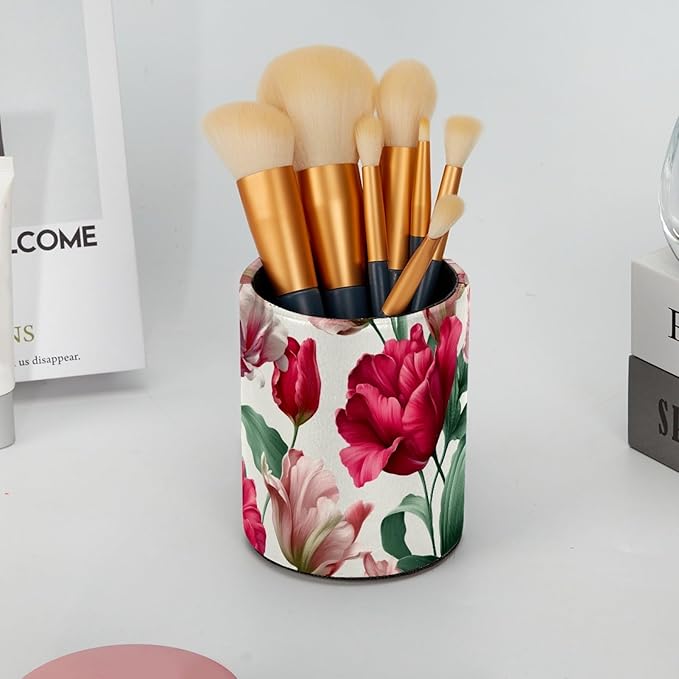 Leather Pen Holder for Desk Tulips Pattern Pencil Cup Desktop Organizer Makeup - Image 6