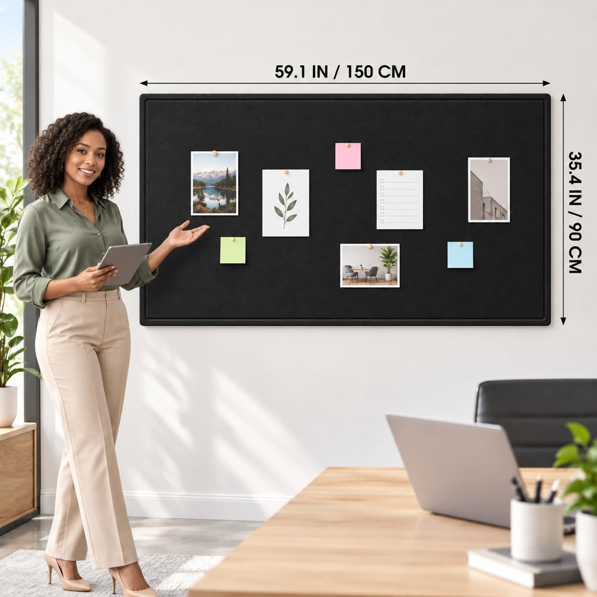 Felt Bulletin Board 59'' x 35'', Black Felt Pin Boards for Walls