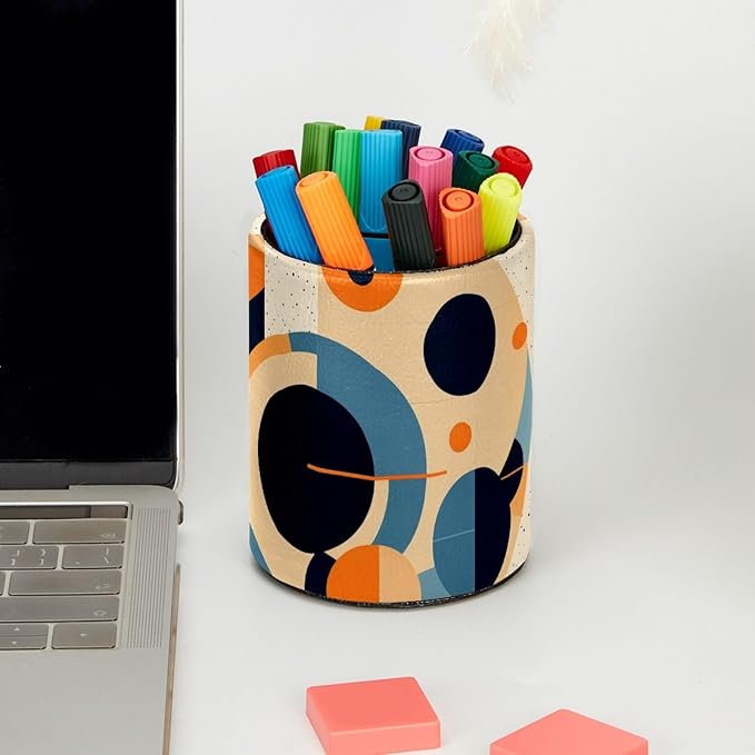 Leather Pen Holder for Desk Geometric Cube Pattern Pencil Cup Desktop Organizer - Image 5