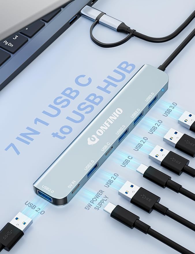 ONFINIO USB C/USB Hub Multiport Adapter, 7 in 1 Aluminum USB 3.0 Hub - Image 2